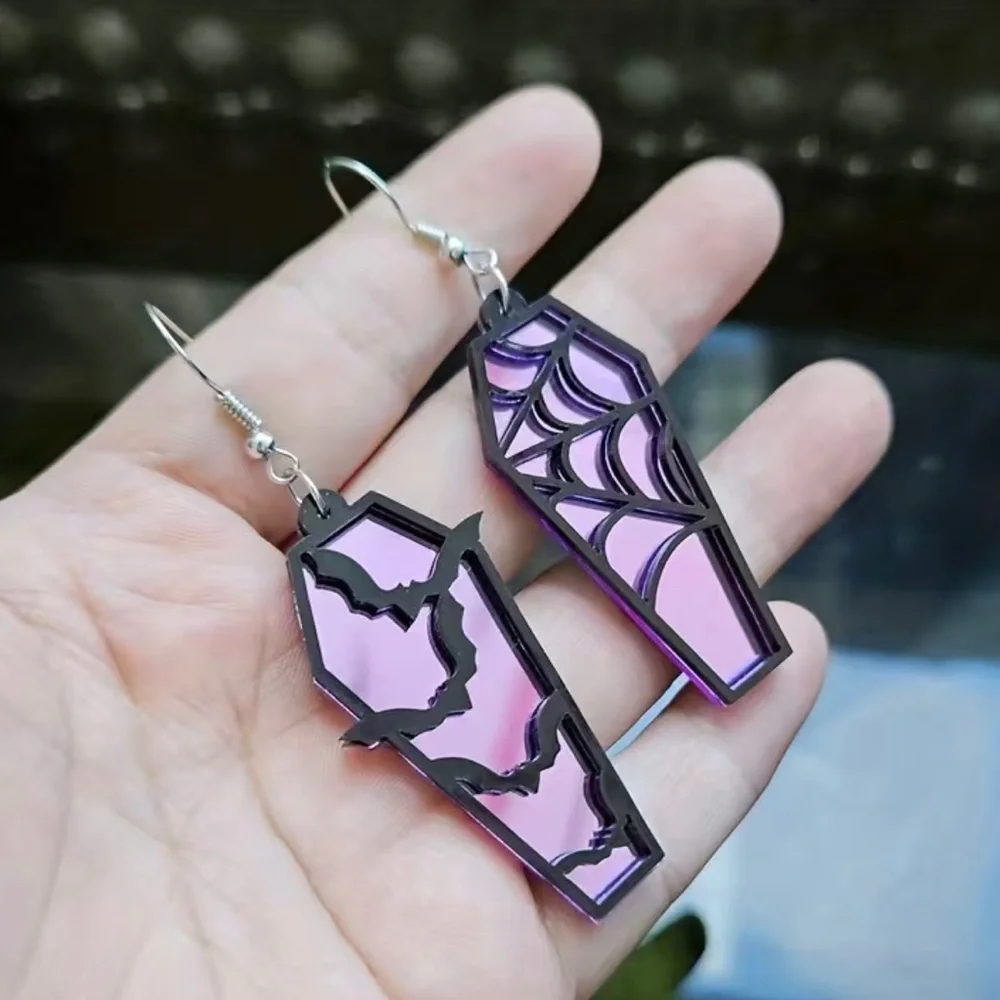 Coffin Bats and Webs Dangling Earrings Halloween purple and black NEW